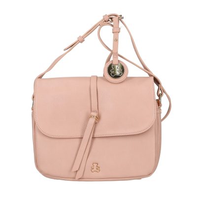 Geanta Crossbody de dama din piele ecologica roz cu accesorii si logo exterior auriu Lulu Castagnette BSLLCA2103070