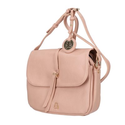 Geanta Crossbody de dama din piele ecologica roz cu accesorii si logo exterior auriu Lulu Castagnette BSLLCA2103070