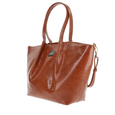 Geanta Shopper de dama din piele ecologica caramel texturata logo fateta exterioara Monnari BS20201164