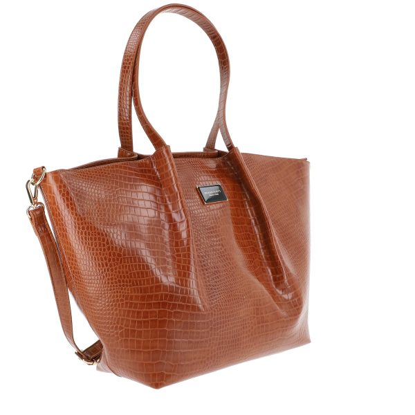 Geanta Shopper de dama din piele ecologica caramel texturata logo fateta exterioara Monnari BS20201164 144