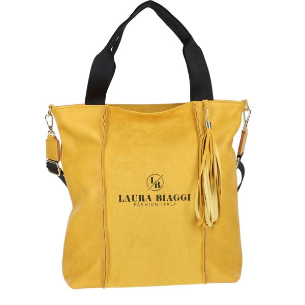 Geanta Shopper dama din piele ecologica galbena cu franjuri galbeni si un compartiment Laura Biaggi BSLBSH2103008 141