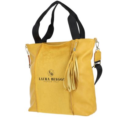 Geanta Shopper dama din piele ecologica galbena cu franjuri galbeni si un compartiment Laura Biaggi BSLBSH2103008