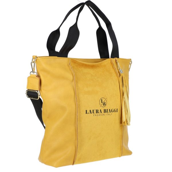 Geanta Shopper dama din piele ecologica galbena cu franjuri galbeni si un compartiment Laura Biaggi BSLBSH2103008 142