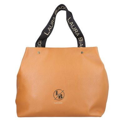 Geanta Shopper dama din piele eco maro cu maner negru si buzunare suplimentare Laura Biaggi LB2010SH2108201