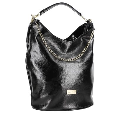 Geanta Shopper dama din piele ecologica neagra lucioasa cu un compartiment si lant exterior Laura Biaggi BSLBSH2103033