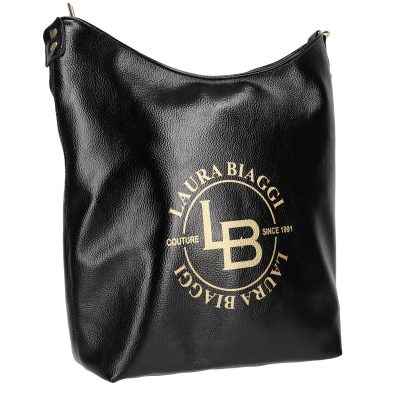 Geanta Shopper talie mare de dama din piele ecologica neagra texturata logo exterior auriu Laura Biaggi BSLBSH210215