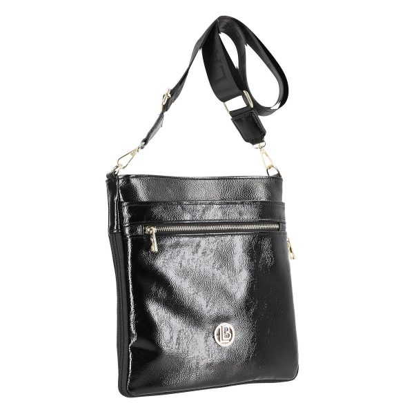 Geanta Casual Dama - Geanta Crossbody Neagra Lucioasa Casual Femei Piele Ecologica cu Bretea Laura Biaggi BSLBCR2103016