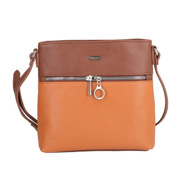 Geanta Crossbody piele ecologica doua culori caramel maro cu un compartiment David Jones BSDJCR2108336 142