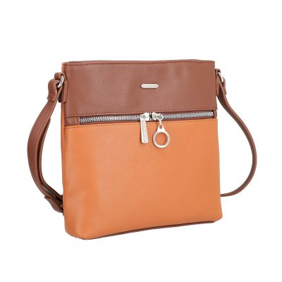 Geanta Crossbody piele ecologica doua culori caramel maro cu un compartiment David Jones BSDJCR2108336