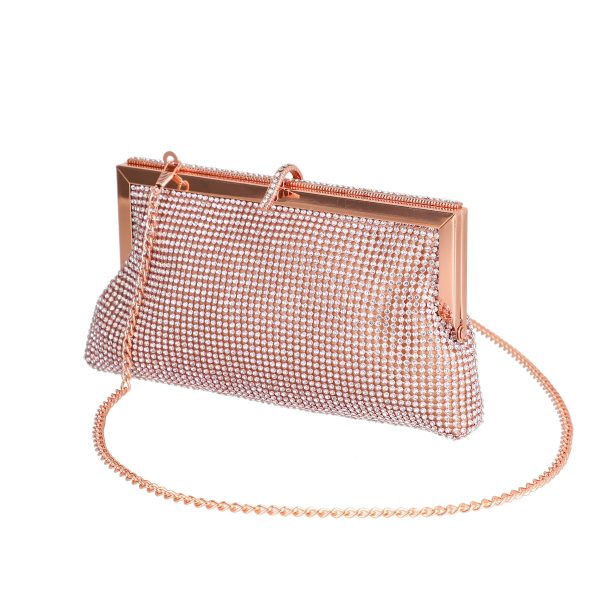 Clutch cu Pietre - Geanta Tip Plic Eleganta de Evenimente Dama Material Roz Sampanie cu Cristale si Rama Metalica Interior Captusit - Olivia BS028V2208103