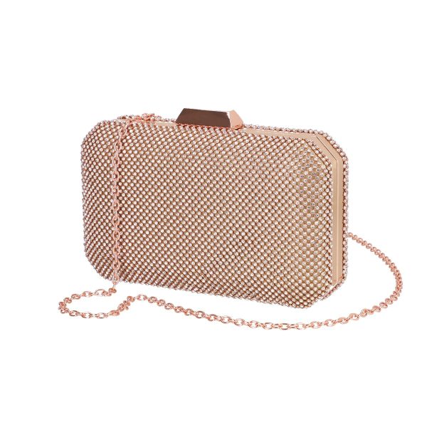 Clutch cu Pietre - Geanta Mica Eleganta de Ocazii Dama din Material Sampanie cu Detalii Cristale si Inchidere Click - BS994PO2205050