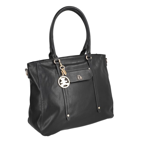 Genti Dama - Geanta Shopper dama piele eco neagra cu buzunar manere si accesoriu metalic Lulu Castagnette BSLLSH2109094