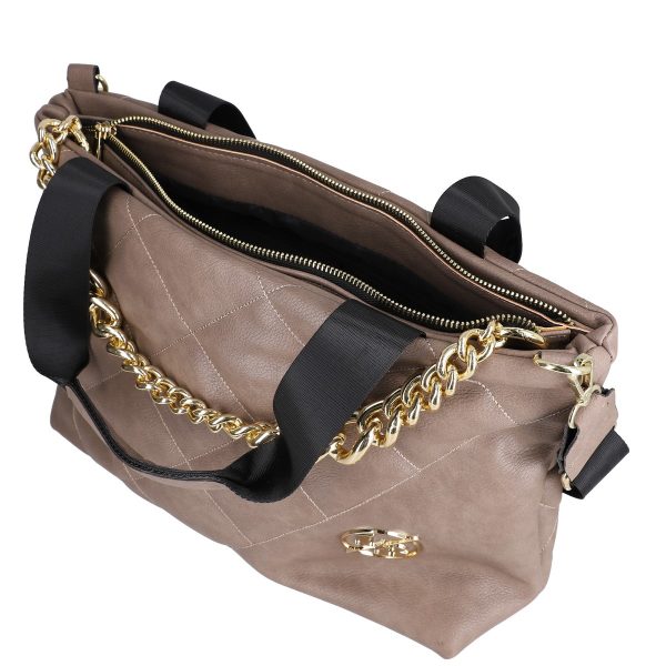 Geanta Shopper Matlasata Dama Piele Eco Taupe Matlasata cu Accesoriu Metalic si Lant - Laura Biaggi LBSH245E2109023 144