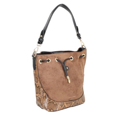 Geantă casual damă piele ecologică maro cu închidere tip sac cu șnur și bretea de umăr David Jones BS6537TS2209155