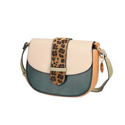 Geanta casual femei piele eco verde clapeta crem cu model animal print Lulu Castagnette BSLLPO2208057