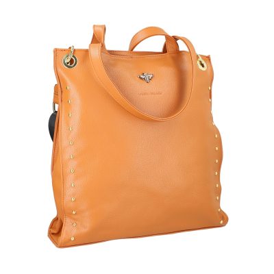 Geanta shopper femei piele ecologica maro cu capse laterale accesoriu metalic si bretele Laura Biaggi BS270R2208302