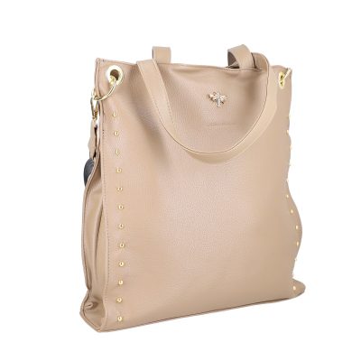 Geanta shopper de dama din piele eco taupe cu capse laterale accesoriu metalic si bretele Laura Biaggi BS270R2208300