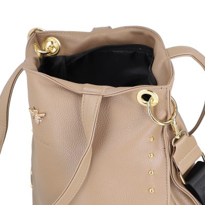 Geanta shopper de dama din piele eco taupe cu capse laterale accesoriu metalic si bretele Laura Biaggi BS270R2208300