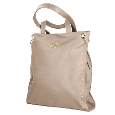 Geanta shopper de dama din piele eco taupe cu capse laterale accesoriu metalic si bretele Laura Biaggi BS270R2210300