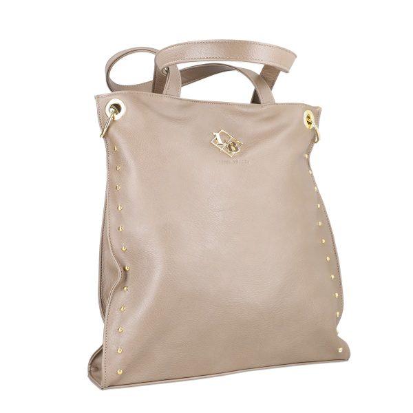 Geanta shopper de dama din piele eco taupe cu capse laterale accesoriu metalic si bretele Laura Biaggi BS270R2210300 143