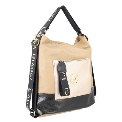 Geantă Shopper tip rucsac negru cu bej cu buzunar frontal Laura Biaggi LBTR322SH2211307