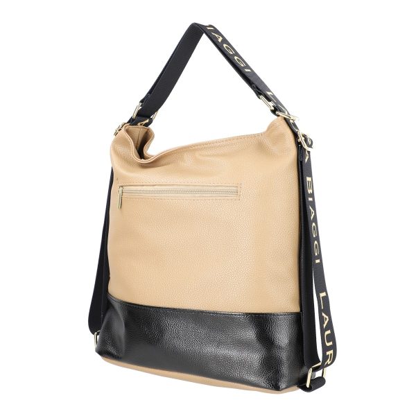 Geantă Shopper tip rucsac negru cu bej cu buzunar frontal Laura Biaggi LBTR322SH2211307 143