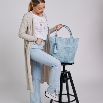 Geanta din piele naturala Shopper albastra breloc cu buzunar Laura Biaggi BS0201SH2301008