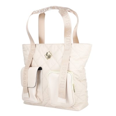 Geanta dama shopper piele eco bej cu doua buzunare frontale si bretea de umar Laura Biaggi BS745v2301040