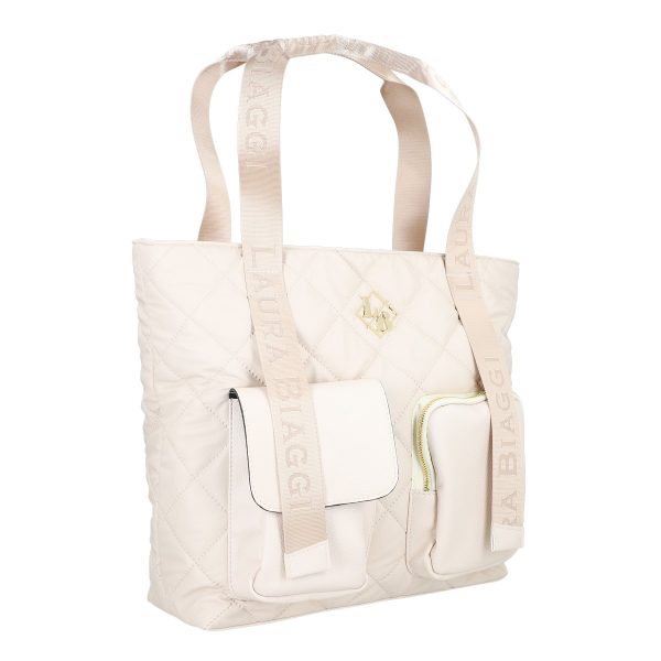 Geanta dama shopper piele eco bej cu doua buzunare frontale si bretea de umar Laura Biaggi BS745v2301040 143