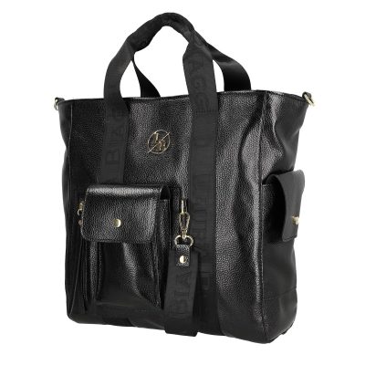 Geanta dama shopper piele eco negru cu buzunar frontal si bretea de umar Laura Biaggi BS632V2301037