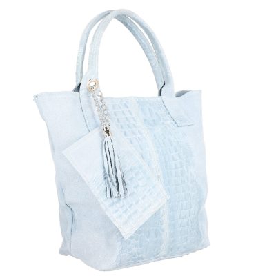 Geanta din piele naturala Shopper albastra breloc cu buzunar Laura Biaggi BS0201SH2301008