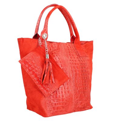 Geanta din piele naturala Shopper rosie breloc cu buzunar Laura Biaggi BS0201SH2301004