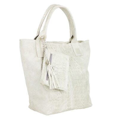 Geanta de Dama Piele Naturala Shopper Gri Deschis, Breloc cu Buzunar - Laura Biaggi BS0201SH2303024