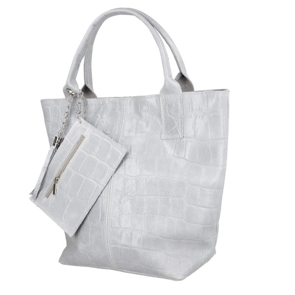 Geanta de Dama din Piele Naturala Texturata Shopper Gri, Breloc cu Buzunar - Laura Biaggi BS0201SH2303028 142