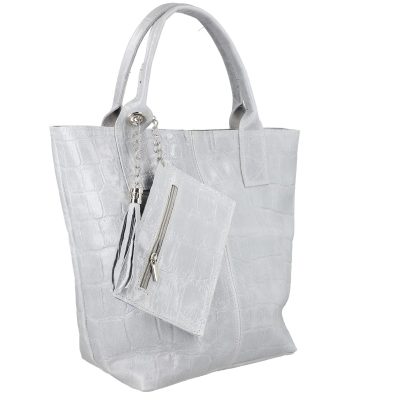 Geanta din piele naturala texturata Shopper gri breloc cu buzunar Laura Biaggi BS0201SH2303028