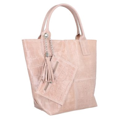 Geanta din piele naturala texturata Shopper roz breloc cu buzunar Laura Biaggi BS0201SH2303029