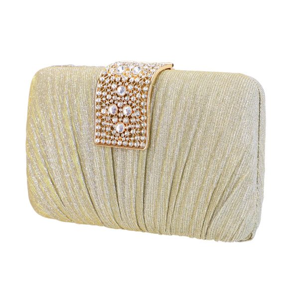 Clutch Auriu - Geanta evenimente de dama din material sidefat auriu inchidere cu accesoriu pietre BS8810Z2306750