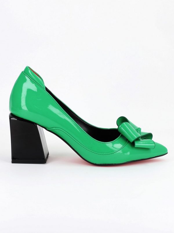 Incaltaminte Dama - Pantofi Dama cu Toc Gros din Piele Eco cu Fundita Verde - BS733PT2305427