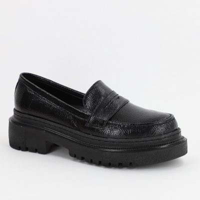 Pantofi Loafers Dama Piele Eco Negru lucios Varf Rotund - BS200AY2307009