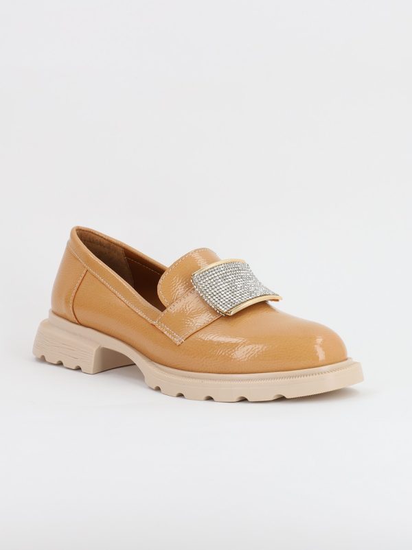 Incaltaminte Dama - Pantofi Loafers Dama Piele Ecologica cu pietricele Bej lucios Varf Rotund - BS812AY2308168