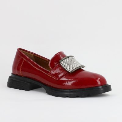 Pantofi Loafers Dama Piele Ecologica cu pietricele Bordo lucios Varf Rotund - BS812AY2308169