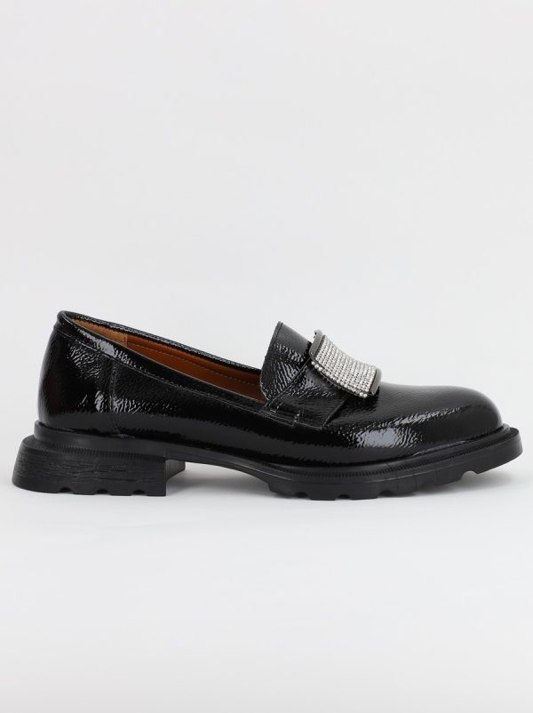 Pantofi Loafers Dama Piele Ecologica cu pietricele Negru lucios Varf Rotund - BS812AY2308170 143