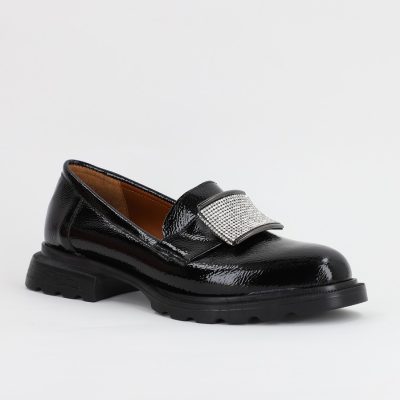 Pantofi Loafers Dama Piele Ecologica cu pietricele Negru lucios Varf Rotund - BS812AY2308170