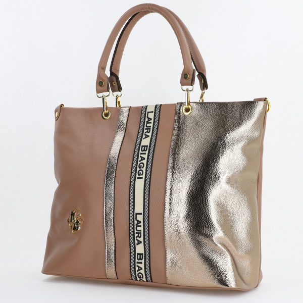 Genti Shopper - Geanta Dama Shopper Piele Ecologica Taupe cu Auriu Bretea de Umar Laura Biaggi BS225SH23090358