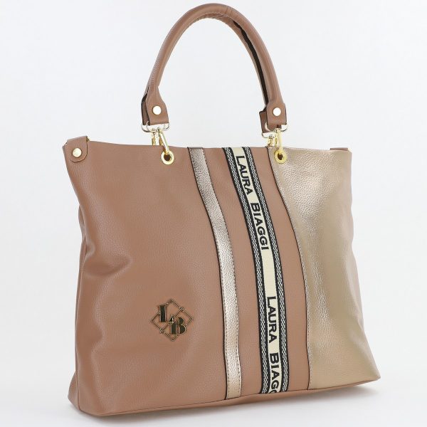 Geanta Dama Shopper Piele Ecologica Taupe cu Auriu Bretea de Umar Laura Biaggi BS225SH23090358 141