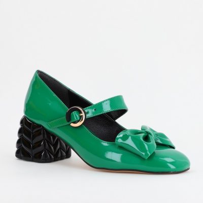 Pantofi de femei cu Toc Eleganti cu Fundiță din Piele Ecologica culoare Verde Lucios