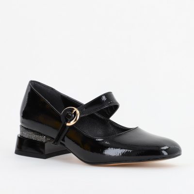 Pantofi cu Toc Jos Eleganti de dama Ornamente cu Pietricele din Piele Ecologica culoare Negru Lucios