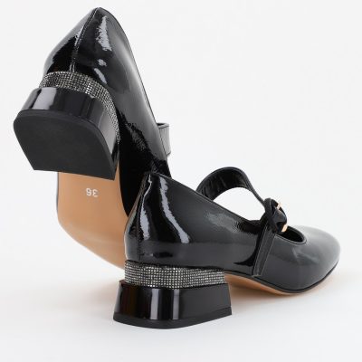 Pantofi de Piele Ecologica cu Toc Jos Eleganti de dama cu Ornamente Negru Lucios