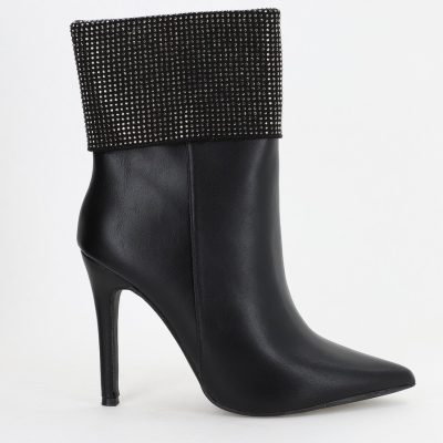 Botine elegante damă din piele ecologică toc subțire cu pietricele Negre (BS2833L2310141)