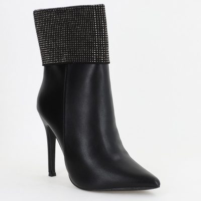 Botine elegante damă din piele ecologică toc subțire cu pietricele Negre (BS2833L2310141)